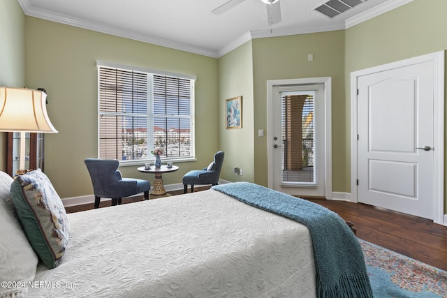 bedroom featuring ceiling fan, dark hardwood / wood-style floors, access to exterior, and ornamental molding