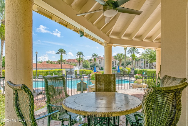 view of patio / terrace with ceiling fan and a community pool