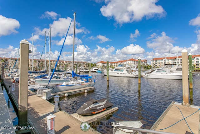 view of dock with a water view