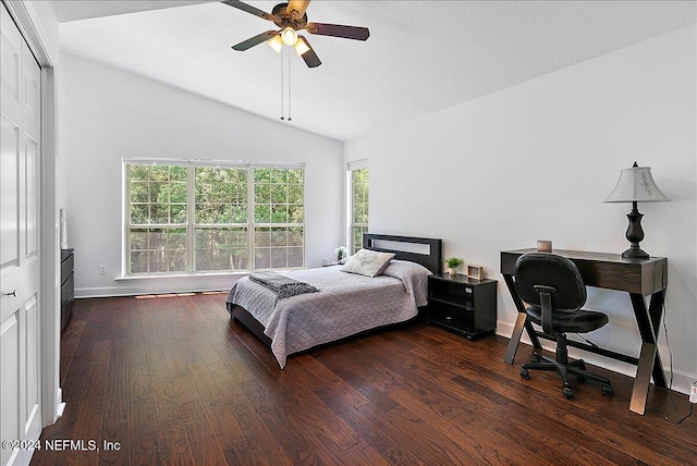 bedroom featuring lofted ceiling, ceiling fan, dark wood-type flooring, and a closet