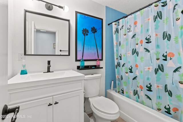 full bathroom with vanity, a textured ceiling, toilet, and shower / bathtub combination with curtain