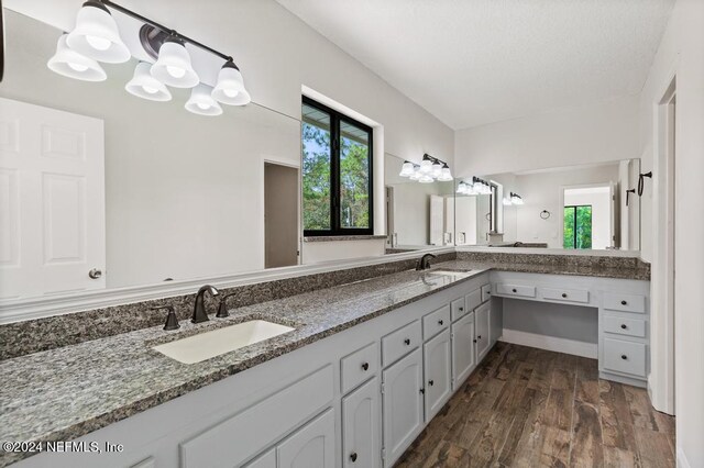 bathroom with vanity and wood-type flooring