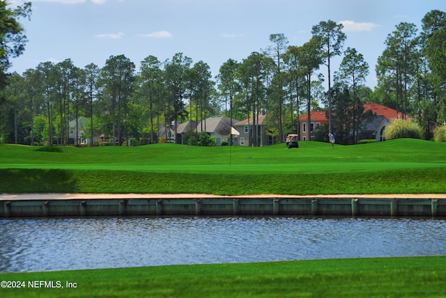 view of community featuring a water view and a yard