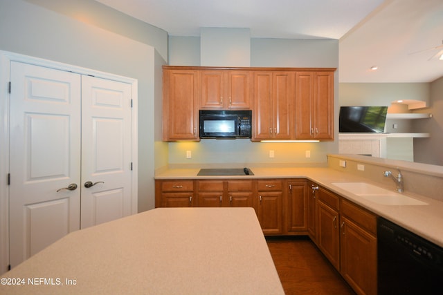 kitchen featuring dark hardwood / wood-style flooring, sink, ceiling fan, and black appliances