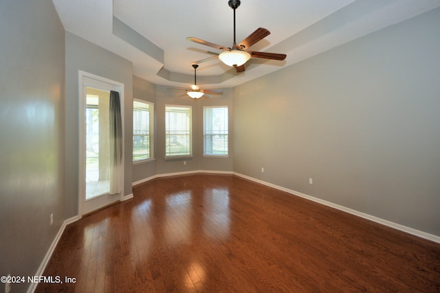 spare room featuring a tray ceiling, a wealth of natural light, ceiling fan, and wood-type flooring