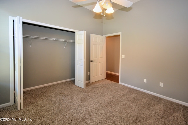 unfurnished bedroom with carpet, a closet, and ceiling fan