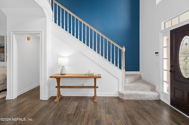 entrance foyer with dark wood-type flooring and a high ceiling