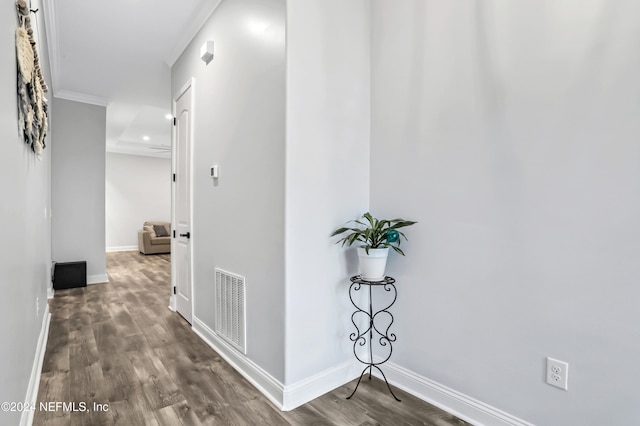 hall with crown molding and dark hardwood / wood-style flooring