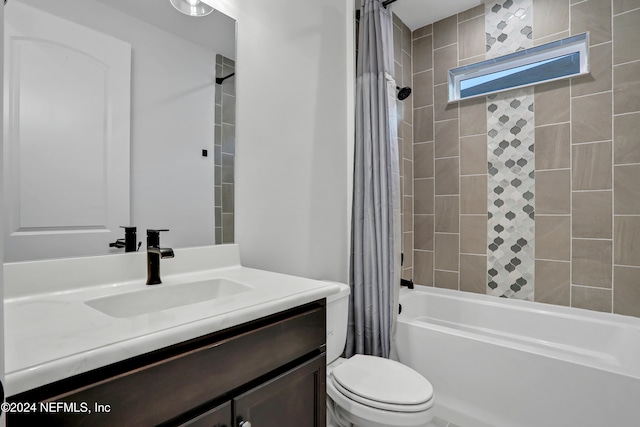 full bathroom with vanity, toilet, and shower / bathtub combination with curtain