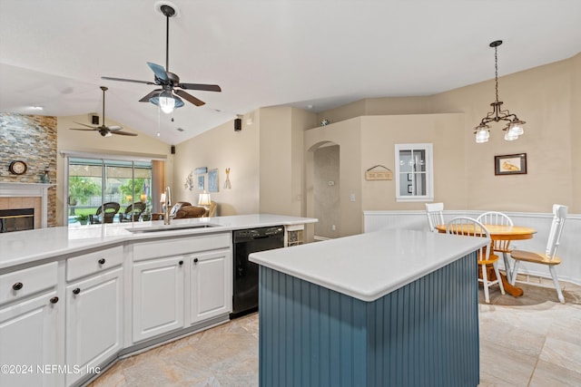 kitchen featuring a kitchen island, black dishwasher, sink, vaulted ceiling, and white cabinets