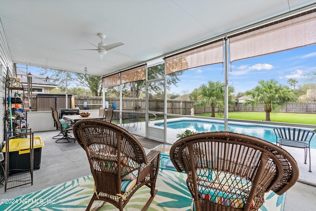 exterior space featuring ceiling fan