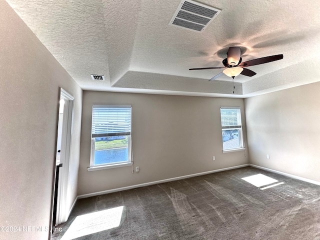 spare room with carpet floors, ceiling fan, and a tray ceiling