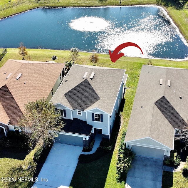 bird's eye view featuring a water view