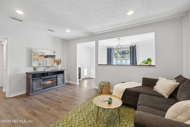 living room with a fireplace, hardwood / wood-style floors, and a textured ceiling