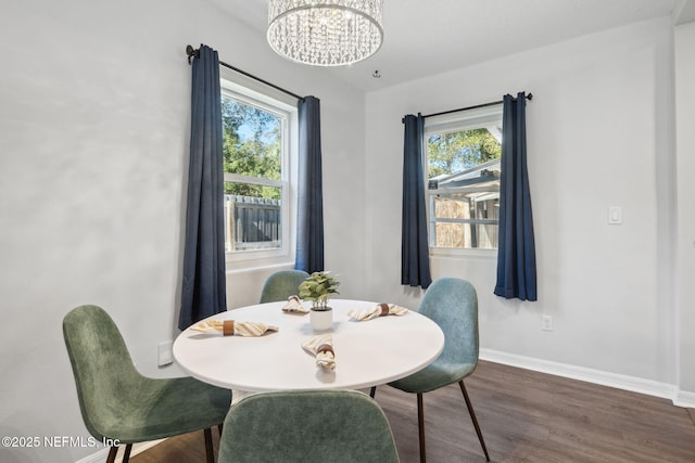 dining space with a chandelier, dark hardwood / wood-style flooring, and a healthy amount of sunlight