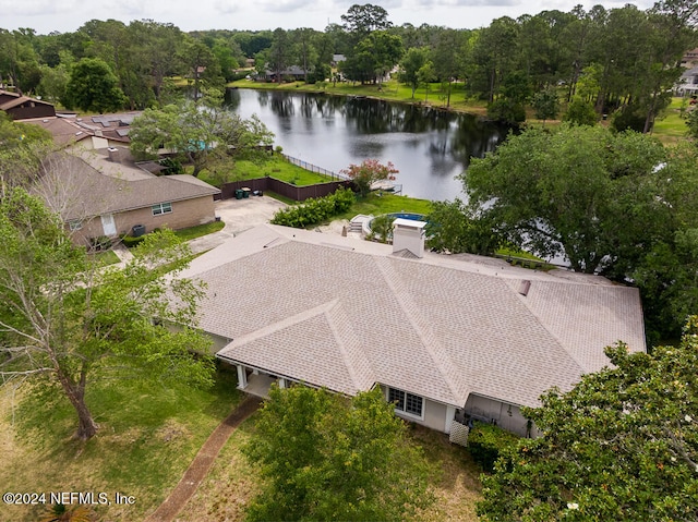 drone / aerial view with a water view