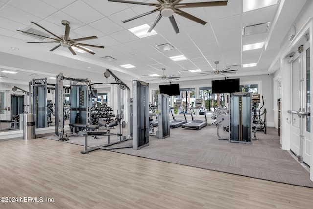 exercise room with light wood-type flooring, ceiling fan, and a paneled ceiling