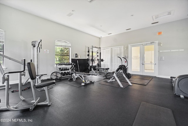 gym with french doors