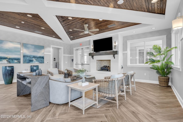 246 Lone Cypress Way, Saint Augustine, FL 32092 - living area with wood ceiling, a tray ceiling, ceiling fan, baseboards, and recessed lighting