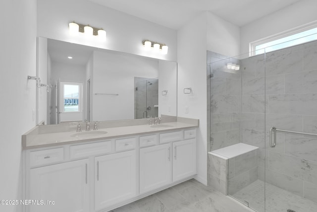 bathroom featuring plenty of natural light, a sink, and a shower stall