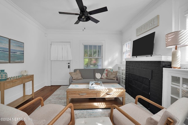 living room featuring ceiling fan, wood-type flooring, a fireplace, and crown molding