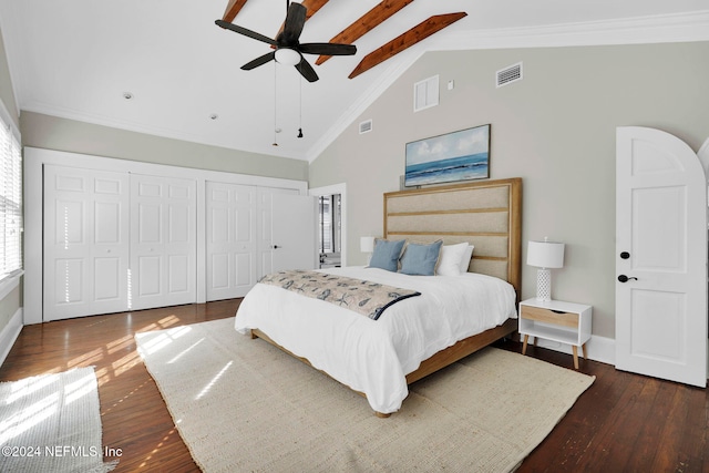 bedroom featuring crown molding, dark hardwood / wood-style flooring, high vaulted ceiling, multiple closets, and ceiling fan