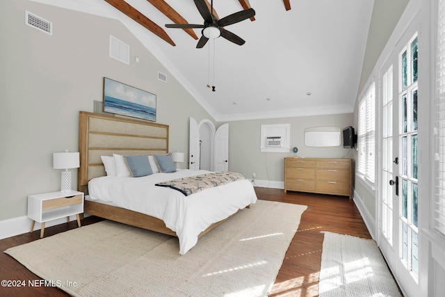 bedroom featuring lofted ceiling with beams, dark wood-type flooring, ceiling fan, and crown molding