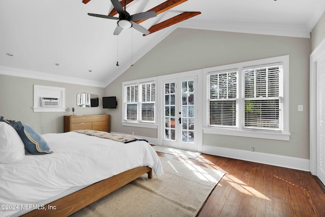 bedroom with access to exterior, dark wood-type flooring, multiple windows, and ceiling fan