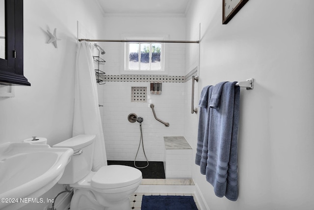 bathroom featuring tile patterned flooring, sink, ornamental molding, a shower with curtain, and toilet