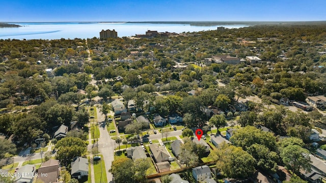 drone / aerial view with a water view