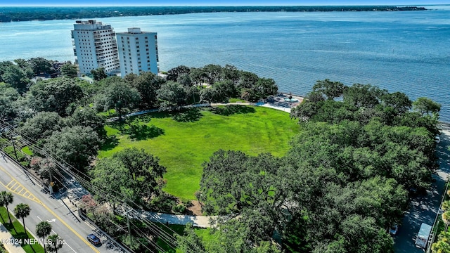 drone / aerial view featuring a water view