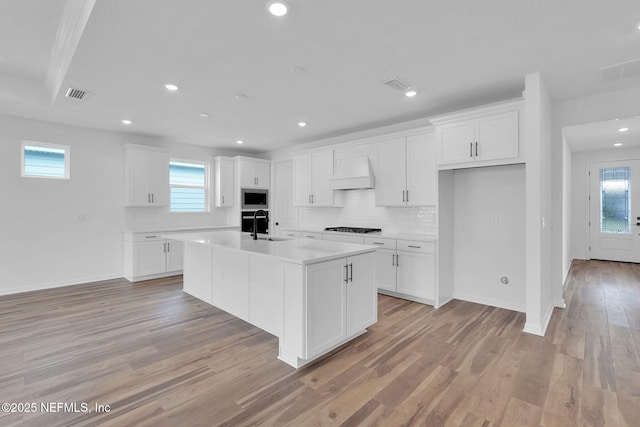 kitchen with light wood finished floors, visible vents, stainless steel microwave, and premium range hood