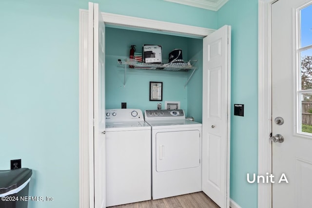 clothes washing area with crown molding, independent washer and dryer, and light hardwood / wood-style flooring