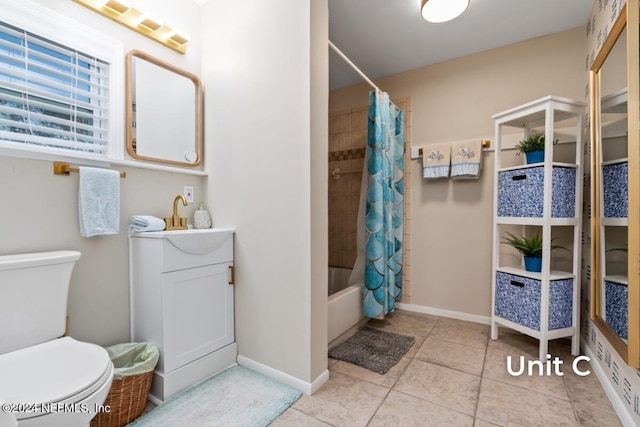 full bathroom featuring tile patterned flooring, vanity, shower / bathtub combination with curtain, and toilet