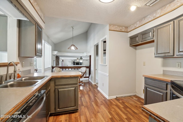 kitchen featuring a textured ceiling, dark hardwood / wood-style flooring, hanging light fixtures, sink, and lofted ceiling