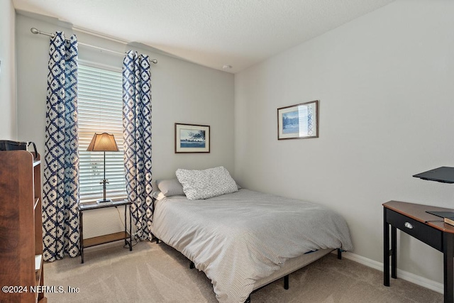 bedroom with light colored carpet