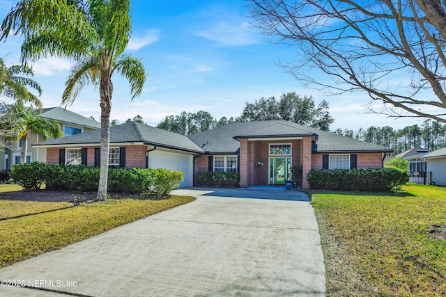 ranch-style house with a garage and a front yard