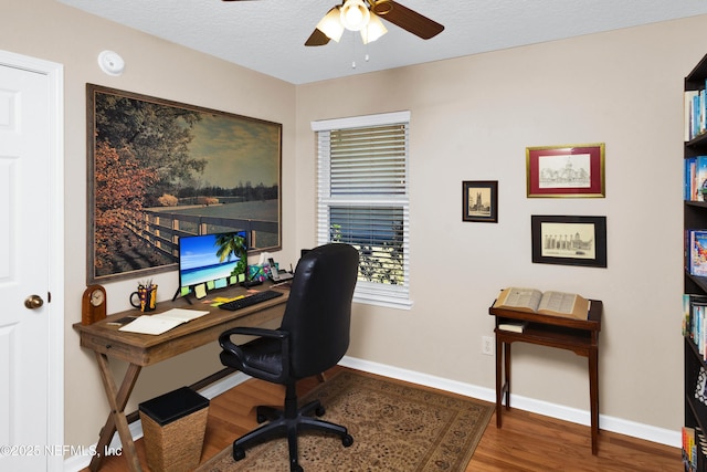 office space featuring hardwood / wood-style flooring, ceiling fan, and a textured ceiling