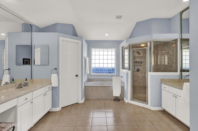 bathroom with vanity, plus walk in shower, and a healthy amount of sunlight