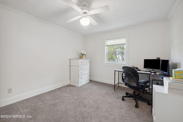 carpeted office space with ceiling fan, crown molding, and a textured ceiling