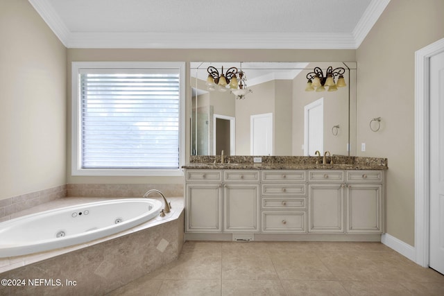 bathroom with tile patterned floors, vanity, crown molding, a relaxing tiled tub, and a chandelier