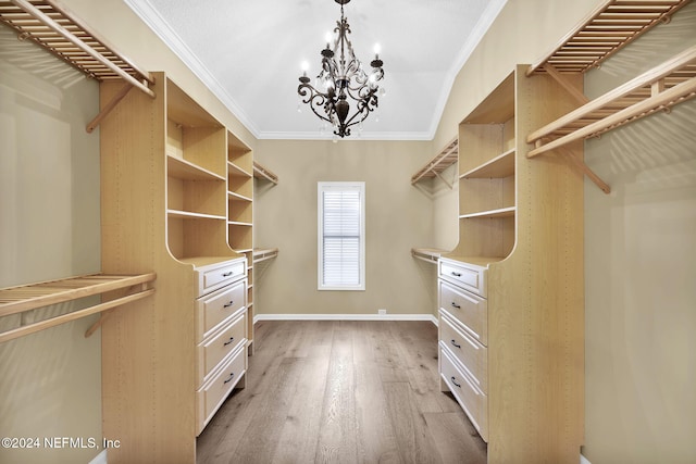 walk in closet featuring hardwood / wood-style floors and a notable chandelier