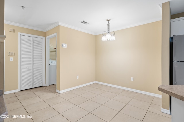 unfurnished dining area featuring an inviting chandelier, light tile patterned floors, and ornamental molding