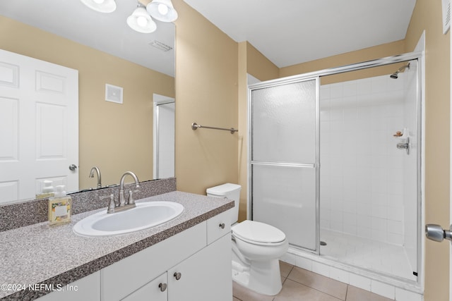 bathroom with tile patterned flooring, an enclosed shower, vanity, and toilet