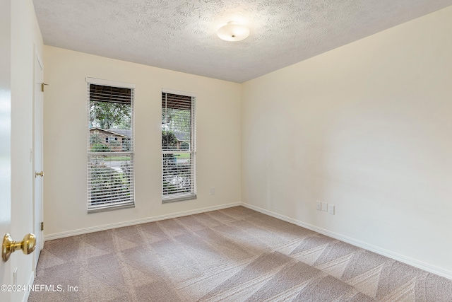 spare room featuring light colored carpet and a textured ceiling