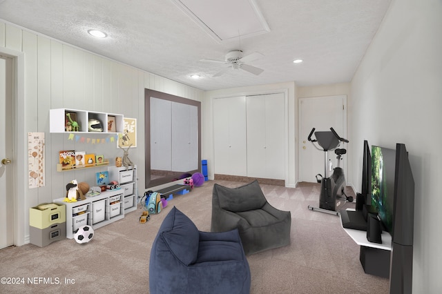 recreation room with wooden walls, a textured ceiling, and light colored carpet