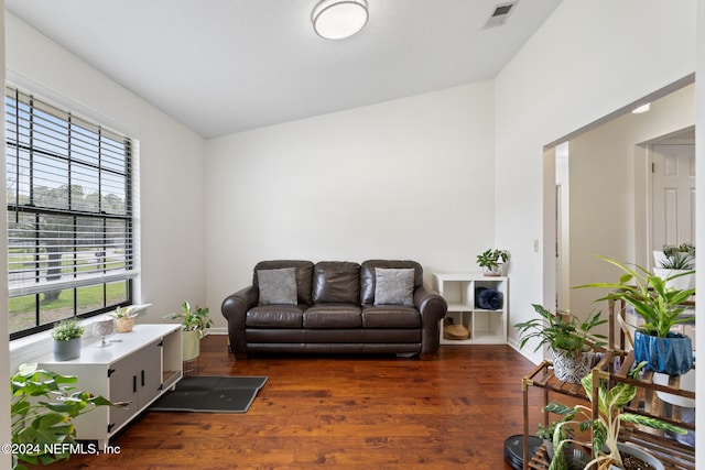 living room with dark wood-type flooring, vaulted ceiling, and a healthy amount of sunlight