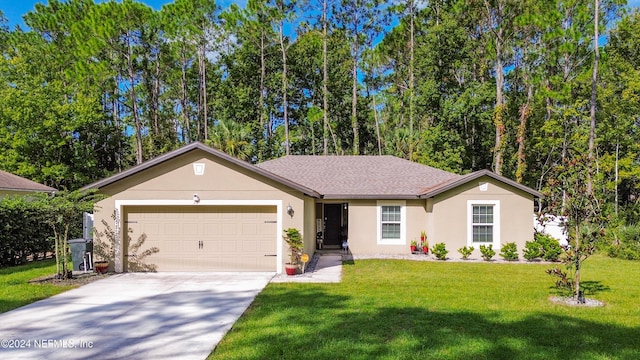 ranch-style house with a front lawn and a garage