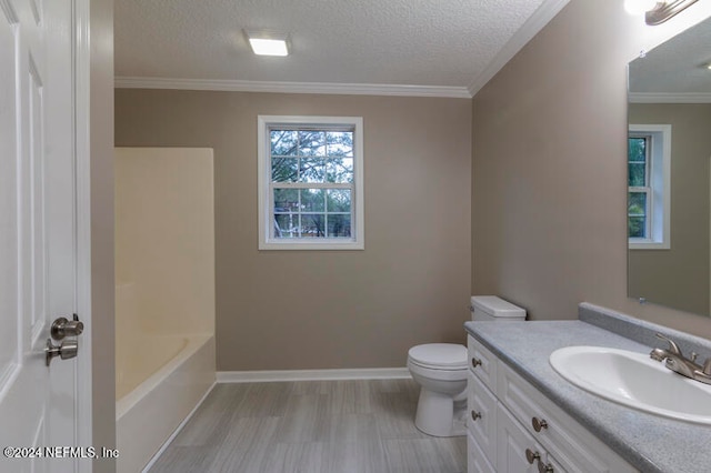 full bathroom featuring a textured ceiling, wood-type flooring, vanity, crown molding, and toilet