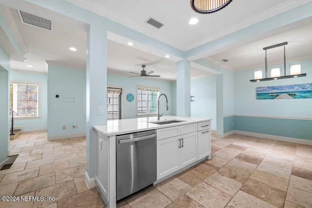 kitchen with white cabinetry, plenty of natural light, stainless steel dishwasher, and sink